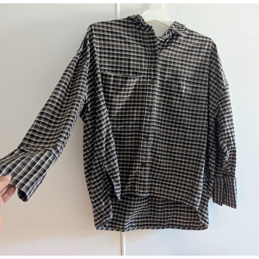 Everlane Boxy Plaid Shirt Brown L Organic Cotton Long Sleeve Oversized granola